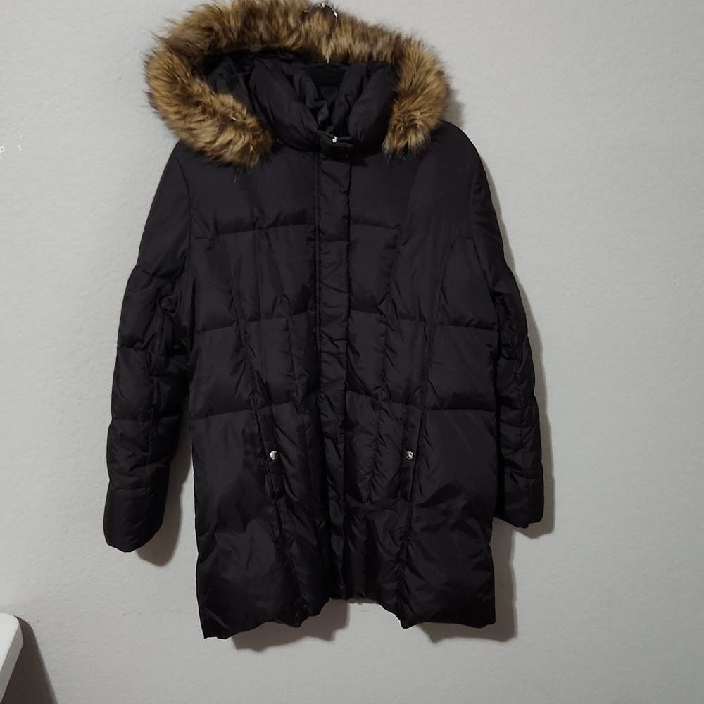 Michael Kors Jacket Womens Size XL Quilted Puffer Faux Fur Hood Black Brown